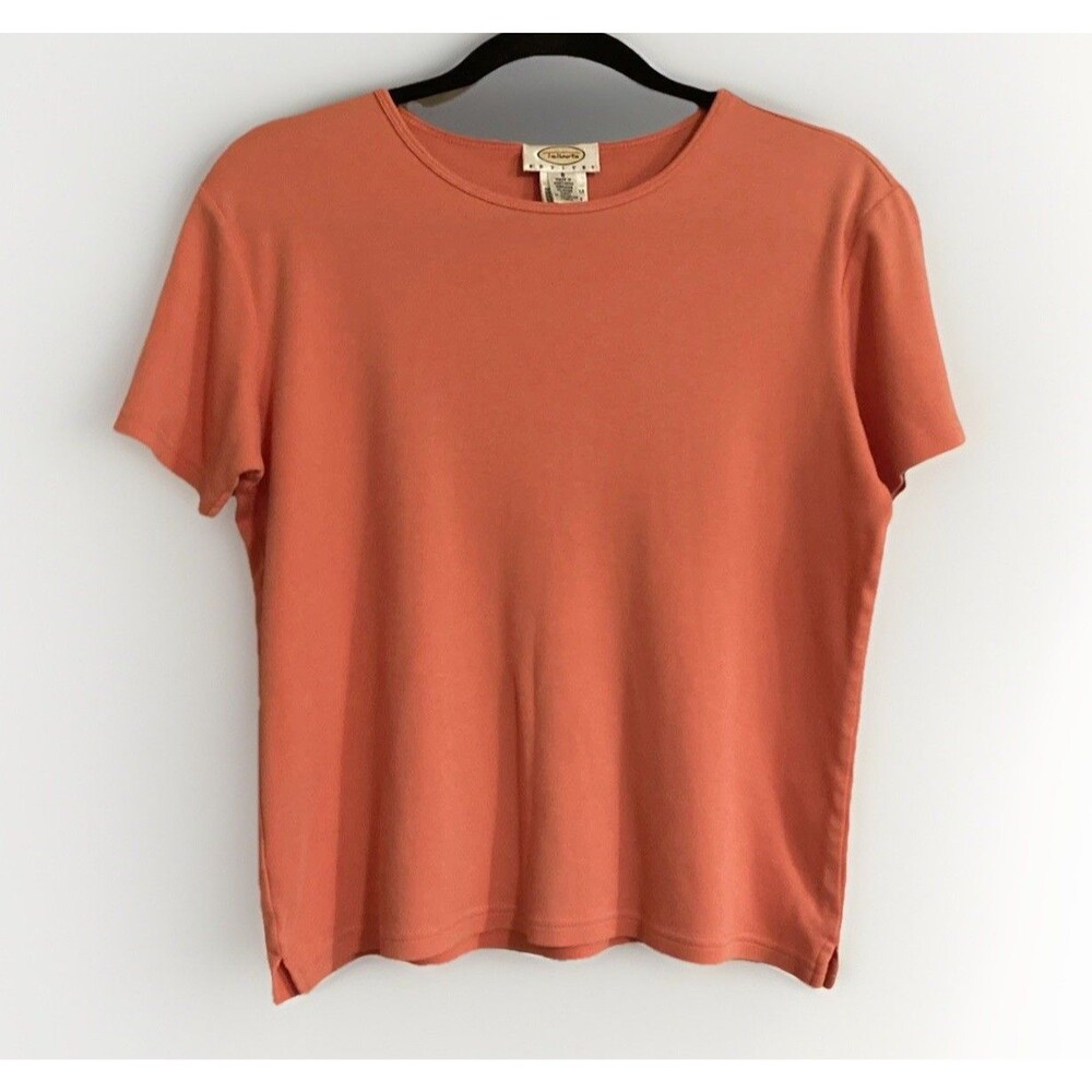 Talbots Petites Womens Small Solid Coral Pink Short Sleeve 100% Cotton T-Shirt
